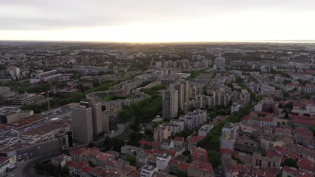 Montpellier Polygone antigone neighborhood during sunrise Rive du Lez France aerial drone shot
