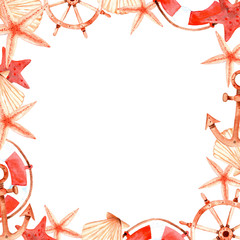 Watercolor sea square frame (border) with seashell (Venus scallop), anchor, starfish, a lifebuoy. Aquarelle illustration on a white background.