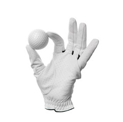 Glove and golf ball on white background