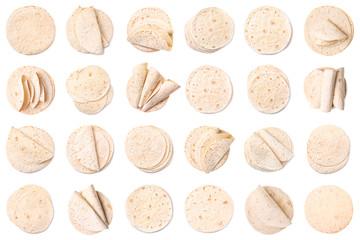 Set of delicious tortillas on white background, top view. Unleavened bread - obrazy, fototapety, plakaty