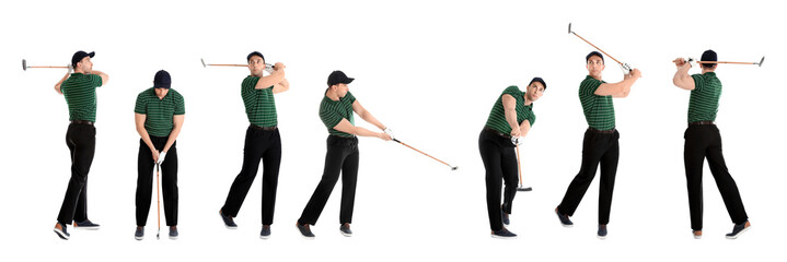 Collage of man playing golf on white background