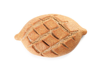 Loaf of fresh bread isolated on white, top view