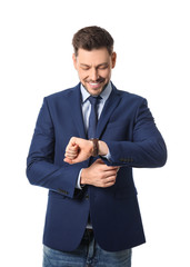 Portrait of happy businessman posing on white background