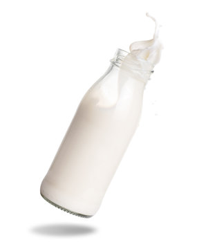 Milk splashing out of glass bottle isolated on white background.
