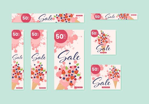 Web Banner Layout Set with Ice Cream and Fruit Illustrations