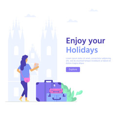 Young lady with map, bag and baggage. Travel and tourism concept for website template, online booking reservation