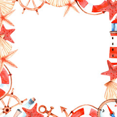 Watercolor sea square frame (border) with seashell (Venus scallop), lighthouse, bottle with a secret map, anchor, starfish, a lifebuoy. Aquarelle illustration on a white background.