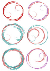 Set of grunge circle shapes in watercolor style, red, purple and green colors, vector design