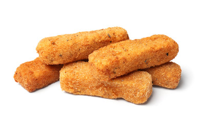 Pile of tasty cheese sticks isolated on white