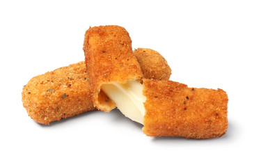 Tasty crispy cheese sticks isolated on white