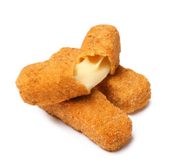 Pile of tasty cheese sticks isolated on white