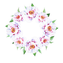 Beautiful white peony wreath. Bouquet of flowers. Floral print. Marker drawing. Watercolor painting. Wedding and birthday composition. Greeting card. Flower painted background. Hand drawn illustration