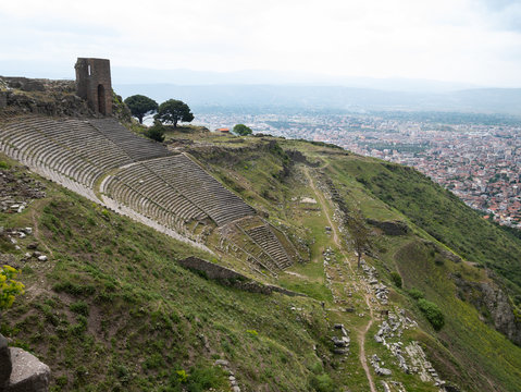 The Hellenistic Theatre Theater with Temple of Dionysus below and Acropolis of Pergamon above in Turkey.