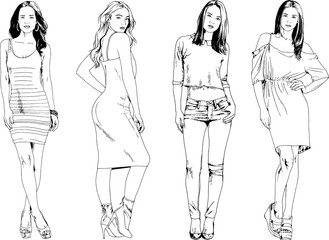 vector drawings on the theme of beautiful slim sporty girl in casual clothes in various poses painted ink hand sketch with no background	