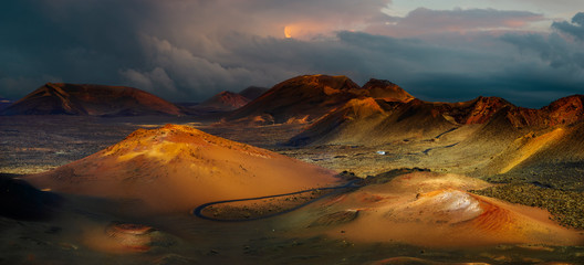 national park protecting the landscape formed during the eruption of volcanoes before about 300 years-Timanfaya, Lanzarote, Spain