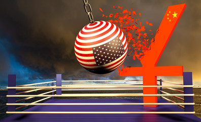 USA flag wrecking ball breaking a Chinese Currency  yuan-3d illustration