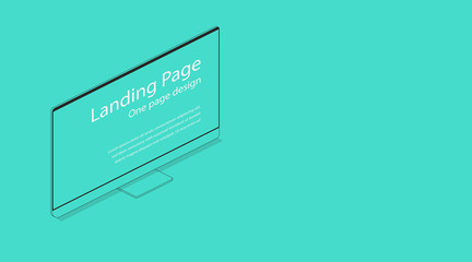 Web one landing page design template. Flat isometric modern monitor illustration. Computer screen 3d concept for infographic mockup background. Homepage data analytics internet site
