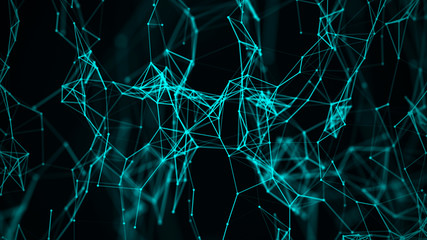 Digital plexus of many glowing lines and dots. Abstract futuristic background. 3D rendering