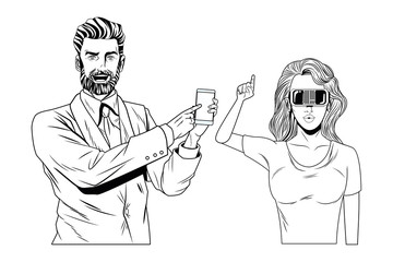 couple with virtual reality headset black and white