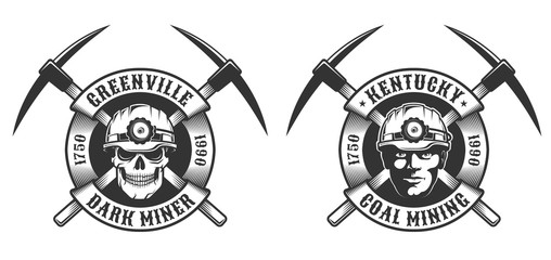 Coal miner vintage logo - crossed picks and circular ribbon. Skull in a mining helmet.