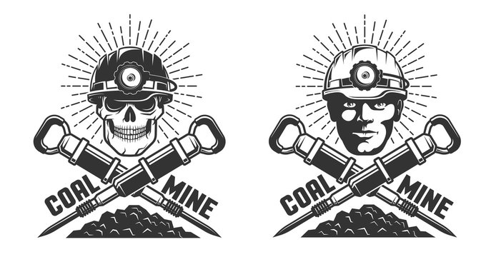 Mine logo with a miner head and jackhammers - retro style. Skull in a hardhat.