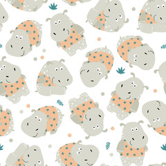 Cute hippopotamus kids seamless background