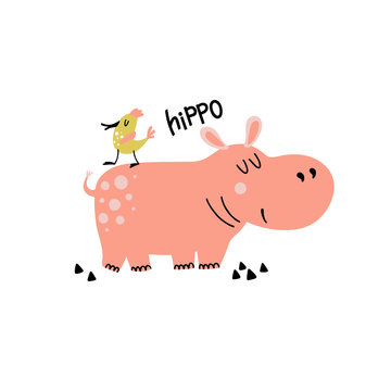 Illustration with cute cartoon hippo
