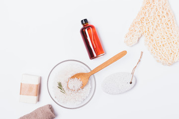 Bath themed flat layout of natural cosmetics and accessories