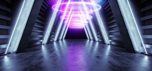 Future Circle Triangle Neon Glow Retro Purple Blue Modern Sci Fi Futuristic Laser Stage Alien Spaceship Dark Corridor Tunnel Empty Concrete Grunge Virtual Stage Hallway 3D Rendering