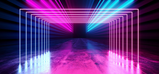 Futuristic Neon Dark Stage Construction Glow Purple Blue Retro Modern Sci Fi  Future Tunnel Corridor Hallway Grunge Concrete Reflection Shapes Fluorescent Lasers 3D Rendering