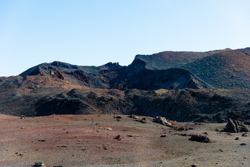 Timanfaya National Park, Lanzarote, Canary Islands, Spain. Unique panoramic view of spectacular lava river flows from a huge volcano crater creates a lunar landscape on planet earth.