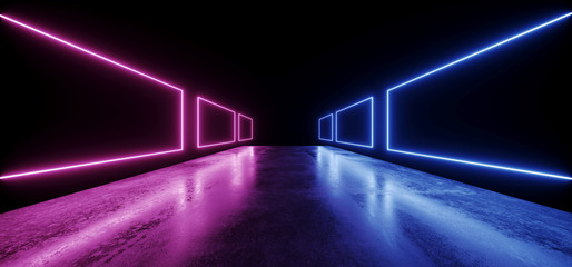 Sci Fi Night Neon Show Vibrant Glow Blue Purple Modern Futuristic Fluorescent Concrete Grunge Floor Reflection Empty Showcase Portal Entrance Path Corridor Tunnel Garage 3D Rendering