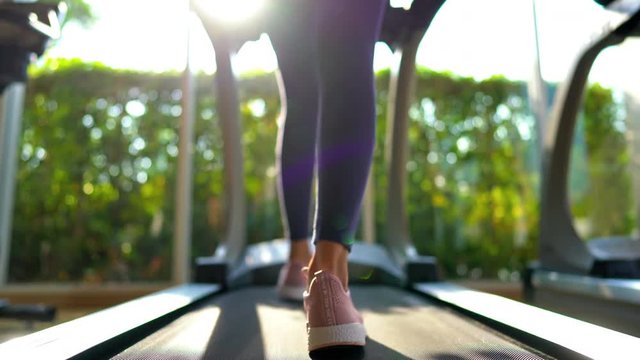 Cinematic Low Angle Shot of Female Legs in Sneakers and Leggings Walking on Treadmill Track With Sun Backlight and Nature Green Background