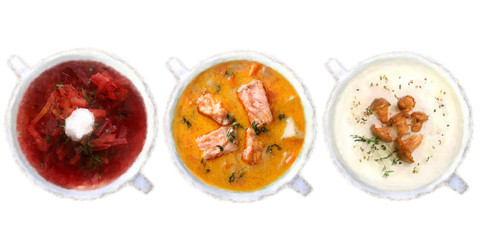 Set of soups from worldwide cuisines, healthy food. Cream soup with mushrooms, asian fish soup, soup with meat