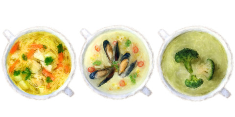 Set of soups on a white background