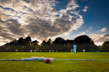 Cricket evening game with ball foreground