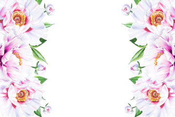 Beautiful white peony frame. Bouquet of flowers. Floral print. Marker drawing. Watercolor painting. Wedding and birthday composition. Greeting card. Flower painted background. Hand drawn illustration.