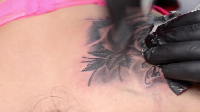Tattoo artist stuffs a tattoo on the shoulder of a woman. Close-up.