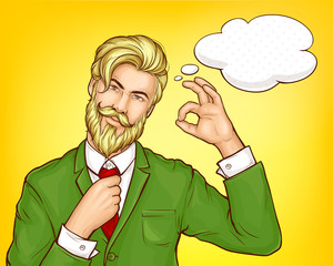 Blond, bearded hipster man, stylish businessman in green business suit, fixing or loosening tie, showing ok hand sign pop art vector illustration, blank speak, think cloud. Men fashion poster template