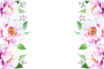 Beautiful white peony frame. Bouquet of flowers. Floral print. Marker drawing. Watercolor painting. Wedding and birthday composition. Greeting card. Flower painted background. Hand drawn illustration.