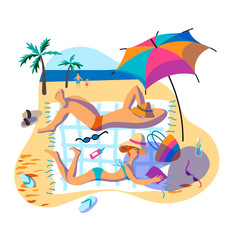 Obraz na płótnie Canvas Holidaymakers sunbathing on beach illustration isolated on white background