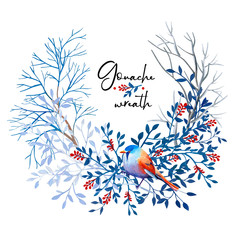 Gouache winter natural wreath with bright bird and branches