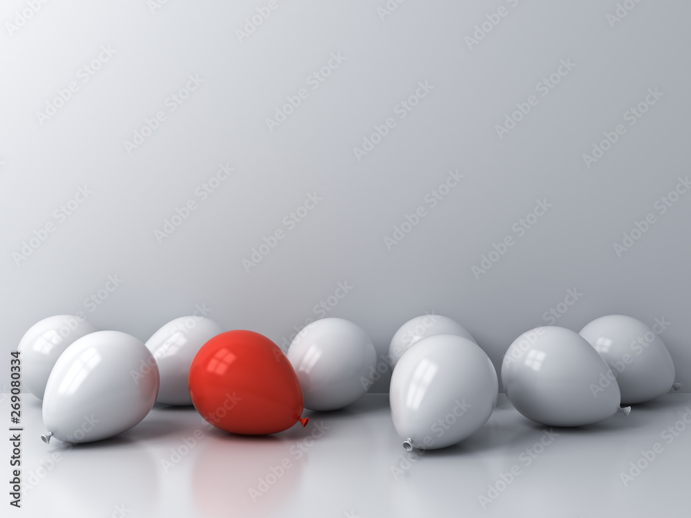 Poster stand out from the crowd and different concepts one red balloon amongs other white balloons on the w