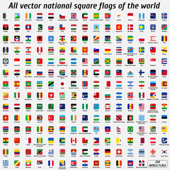 Vector collection of 208 national square flags with detailed emblems of the world