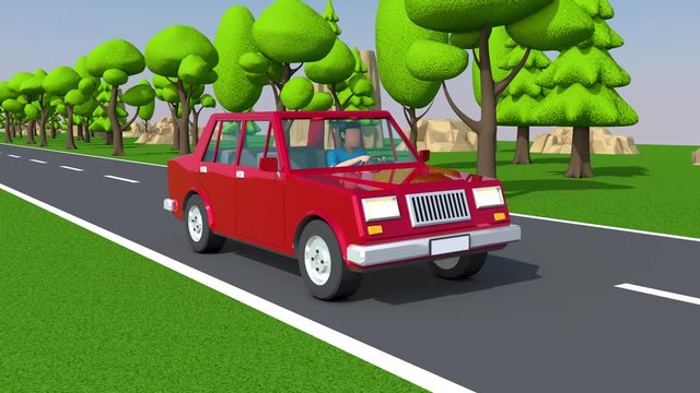 Red car driving on a suburban highway. 3d looped animation.