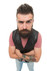 Hey you there. Hipster with mustache and long beard. Man mature bearded muscular brutal hipster...