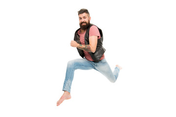 Hurry up. Guy happy cheerful face having fun run jumping. Life in motion. Man bearded guy run away....
