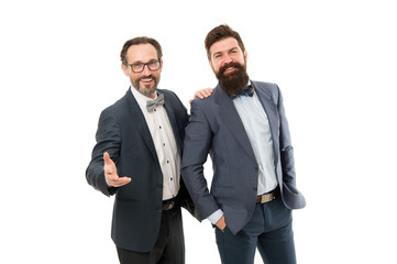 mature men have own business. partnership of manager men isolated on white. bearded businessmen in formal suit. manager business meeting. team success. collaboration and teamwork. two managers