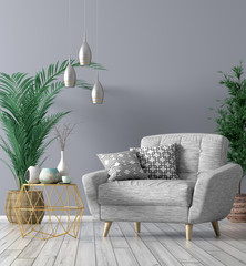 Interior with armchair and coffee table 3d rendering - obrazy, fototapety, plakaty