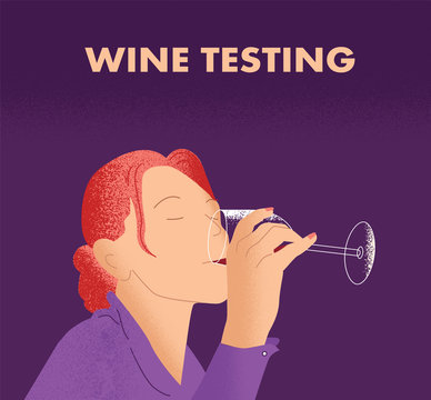Young woman drinks red wine  from a glass. Girl degusts wine. Vector illustration in line art style.